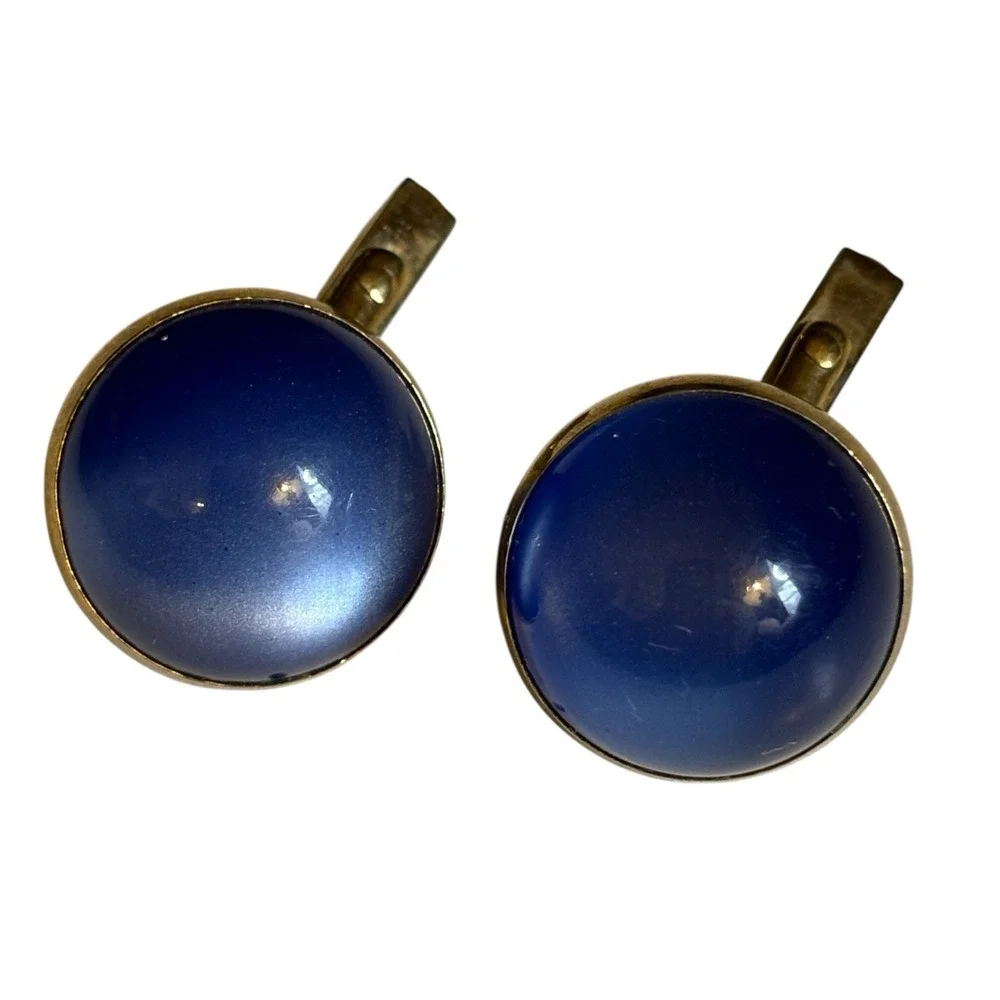 Swank Cufflinks‎ Blue Moonglow Lucite Round Gold Tone Domed Vintage MCM Formal